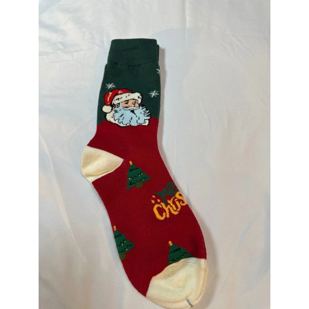 Merry Christmas Santa Claus Holiday Crew Socks Red Green Trees Festive Unisex
